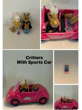 Pink Bunny Family Sports Car Playset - Critters with Accessories